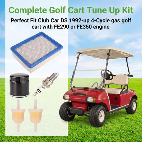 Fresh Golf Cart Tune Up Kit For Club Car Ds Gas Carts With Fe290 Fe350 Engines includes air filter, oil filter, spark plug, fuel filters, and red golf cart.