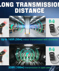 Diagram showcasing long transmission distance of 1D 2D QR Barcode Scanner with Adjustable Folding Stand and Charging Cradle.