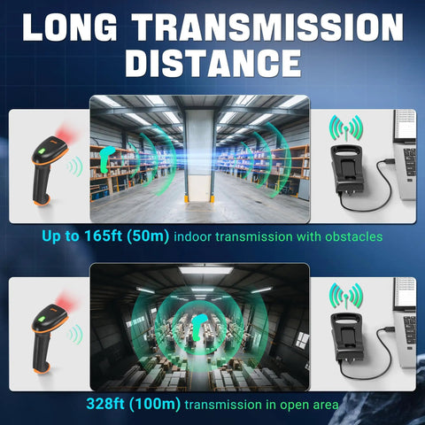 Diagram showcasing long transmission distance of 1D 2D QR Barcode Scanner with Adjustable Folding Stand and Charging Cradle.