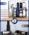Garage Golf Storage Rack For Three Bags Keeps Clubs Balls Shoes And Gear Neatly Organized Heavy Duty Golf Equipment Organizer For Home Garage Space Now, showing organized golf gear vs messy area.