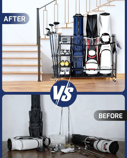 Garage Golf Storage Rack For Three Bags Keeps Clubs Balls Shoes And Gear Neatly Organized Heavy Duty Golf Equipment Organizer For Home Garage Space Now, showing organized golf gear vs messy area.