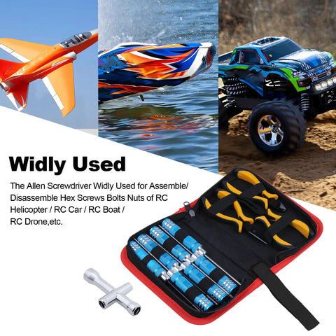 11 in 1 Pro Multi RC Tool Kit Box Set With Hex Drivers Allen Keys Pliers for RC cars, drones, planes, and boats displayed.