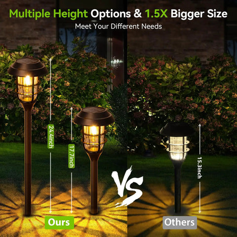 Six Pack Color Changing Solar Garden Lights with 24 LEDs contrasted with smaller light, with height measurement labels.