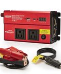 1000 Watt DC To 110V AC Vehicle Power Inverter With Dual AC Outlets USB C PD 30W Fast Charge Inline Cigarette Adapter For Slick Rig And Backroad Use, red, with cables and clamps.