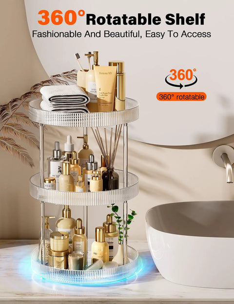 3 Tier Lazy Susan Bathroom Countertop Organizer with 360 Degree Rotating Clear Tray for makeup and skincare near sink
