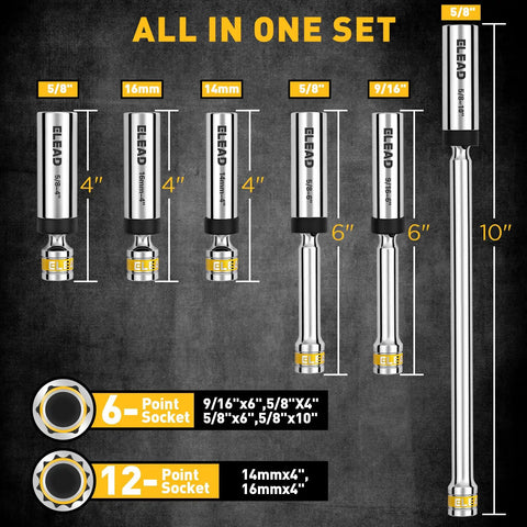 Slick Professional Grade Eight Piece 3/8 Drive Magnetic Swivel Spark Plug Socket Kit With Hand Ratchet And Accurate Gap Tool For 5/8 9/16 14Mm 16Mm Engines No Hassle Crv Steel Setup displayed with different socket sizes.