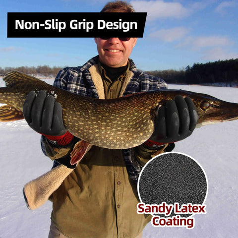Person wearing Three Pairs Winter Work Gloves With Three Quarters Double Dipped Coating, holding a fish in snowy landscape.