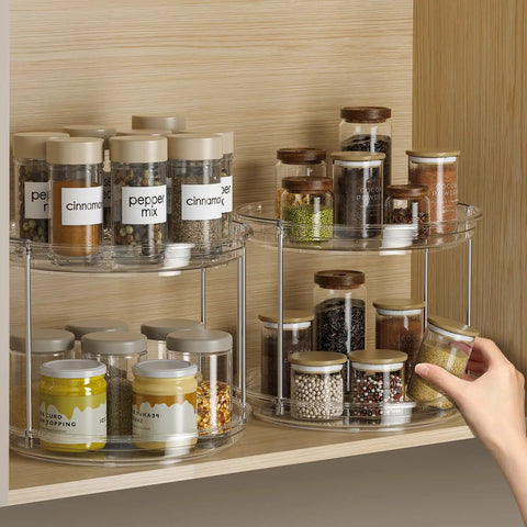 Smooth Spinning Two Tier Lazy Susan Turntable Organizer For Kitchen Pantry Fridge And Bathroom Vanity Spice Rack Storage Total No Fuss Slick Compact 9.25 Inch Dual Pack System with spices on shelves.