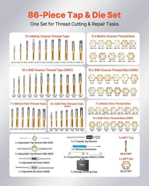 Beefy Titanium Coated Steel Tap And Die Set, 86 Piece Metric And SAE Kit for M3 to M12, four to five eighths inch threads shown