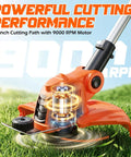 Electric Cordless Weed Wacker Trimmer With 9000RPM Cutting Head Battery Powered Lawn Edger closeup on grass