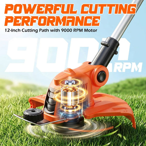Electric Cordless Weed Wacker Trimmer With 9000RPM Cutting Head Battery Powered Lawn Edger closeup on grass