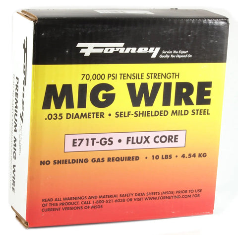 Box of Flux Core MIG Wire For Mild Steel E71TGS.035 Diameter, 10 Pound Spool, showing 70,000 PSI tensile strength label.