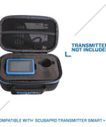 Luna 2.0 AI Wrist Dive Computer With Bluetooth in open case, two-button control, wide LCD, oil-filled housing, ready for accessories.