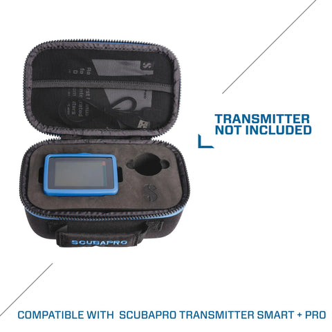 Luna 2.0 AI Wrist Dive Computer With Bluetooth in open case, two-button control, wide LCD, oil-filled housing, ready for accessories.