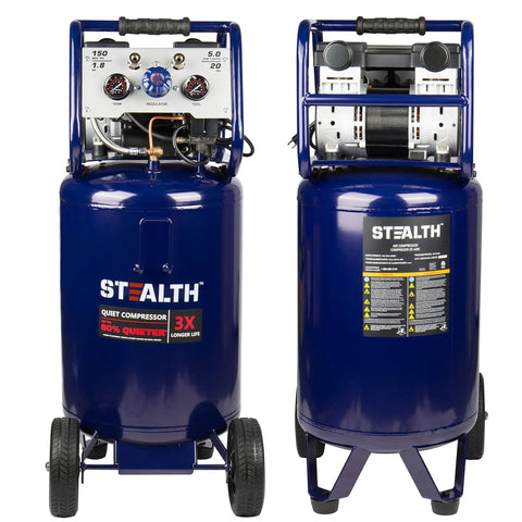 Heavy Duty 20 Gallon Ultra Quiet Air Compressor 1.8 HP Oil Free Pump Peak 150 PSI 5.5 CFM At 40 PSI smooth rolling cart front and back view.