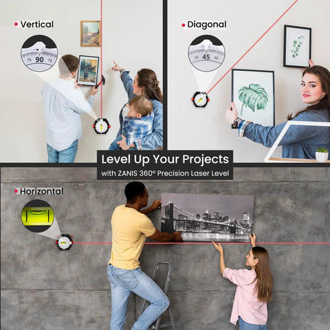 Multi Surface Laser Level With Wall Mount And Pins Or Sticky Pads, Pro Grade Dual Dial Precision With Bubble Level in use