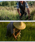 Person using Stainless Steel Beast Billhook Sickle For Brush Clearing And Weeding, 12.2 Inch Curved Sawtooth Blade Garden Tool in field.