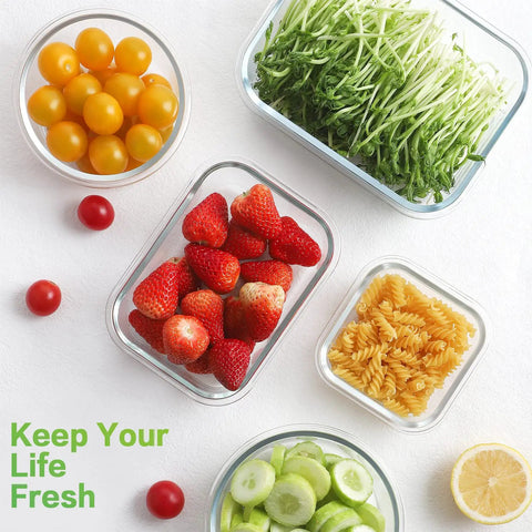 18 Piece Glass Food Storage Set With Lids For Meal Prep, Airtight And Leak Proof Containers with food contents displayed