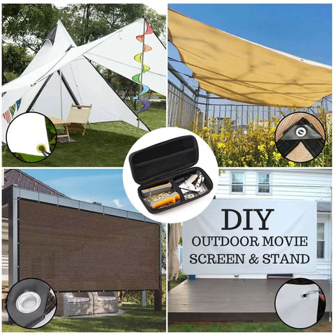 3/8 Inch Grommet Tool Kit With 800 Eyelets And Grommets shown used in tents, tarps, and banners setup, includes tools and storage case.