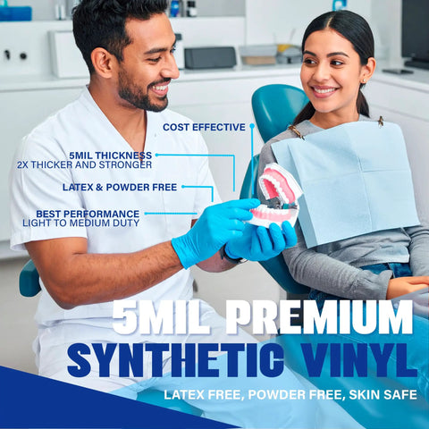Top Tier Synthetic Vinyl Nitrile Blend Exam Gloves Built Different With Next Level Tactile Sensitivity Killer Grip And All Day Soft Comfort Pack Of One Hundred Medium Count, 5 mil synthetic vinyl gloves worn by a dentist.