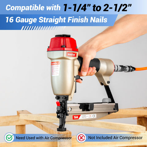 Pro Grade 16 Gauge Finish Nailer Pneumatic Straight Nail Gun in use on wood frame showing quick jam release feature