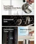 All In One Milk Frother For Home Baristas With 450ml Capacity, Auto Foam Maker, stainless steel, dishwasher safe, LED display