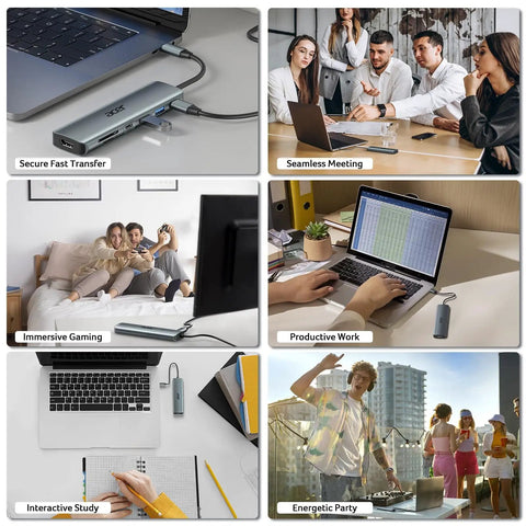 USB C Hub 7 In 1 Multi Port Adapter For Laptop With 4K HDMI Output 2 USB A 3.1 Ports USB C Data Port PD 100W Charging in use.