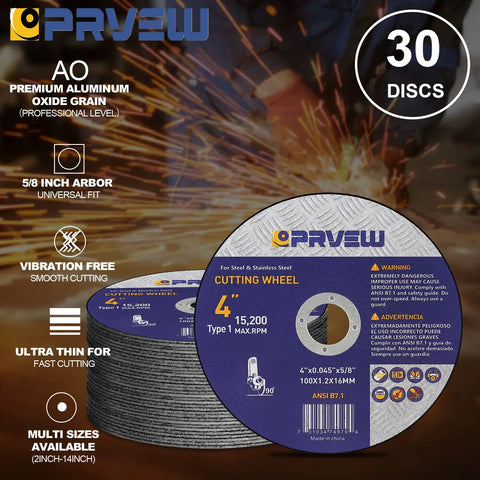 30 Pack 4 Inch Cut Off Wheels For Angle Grinders 4 X 0.045 X 5/8 Metal Cutting Discs with aluminum oxide grain for steel cutting.