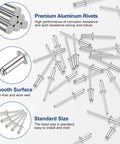 Heavy Duty Aluminum Blind Rivets 200Pc 3/16 X 1/2 Pop Rivet Assortment with tough steel mandrels in aluminum finish.