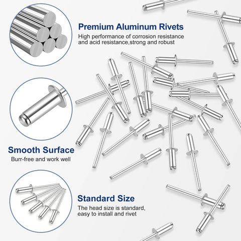 Heavy Duty Aluminum Blind Rivets 200Pc 3/16 X 1/2 Pop Rivet Assortment with tough steel mandrels in aluminum finish.