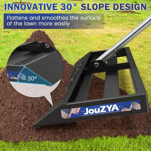 Heavy Duty Lawn Leveling Rake 45x10 Inch Stainless Steel Head With Adjustable Handle 27 To 80 Inches on soil, 30° slope design