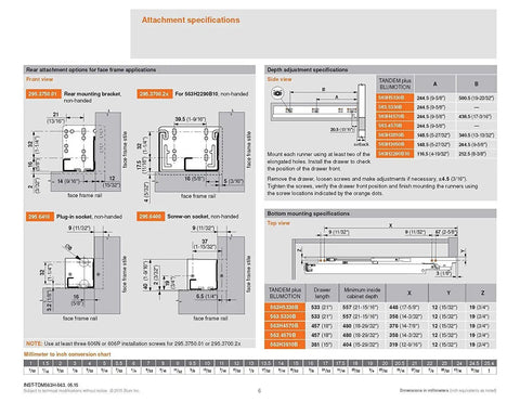 Go-To 15 Inch Tandem Drawer Slide Kit with Soft Close specifications and measurements chart