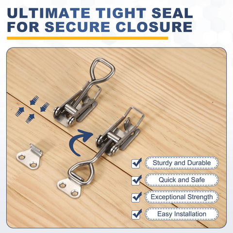 Four Pack Heavy Duty Toggle Latch Clamps Carbon Steel Quick Release Hasps With Lock Holes For Smoker Cabinets, Lids, Jigs, Trunks, Tool Boxes And More, Adjustable Mounting, Durable Construction on wood panel