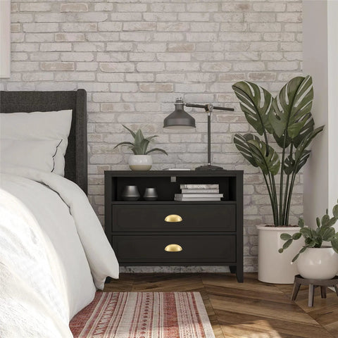 Bedroom nightstand with 2-Pack Solid Brass Cup Cabinet Pulls in Brushed Brass Finish, Half Moon Style Cup Handles, 3-Inch Hole Center.