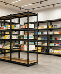 Heavy Duty Garage Shelving 2100 Lbs Capacity With Thick Steel Frames And Reinforced MDF Shelves, showcasing storage for various products.