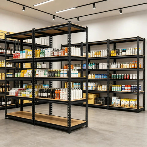 Heavy Duty Garage Shelving 2100 Lbs Capacity With Thick Steel Frames And Reinforced MDF Shelves, showcasing storage for various products.
