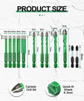 Detailed view of Top Tier Diamond Drill Bit Kit With Quick Fit Hex Shank And Ph2 Screwdriver Bits, showing carbide sizes from 5mm to 10mm.