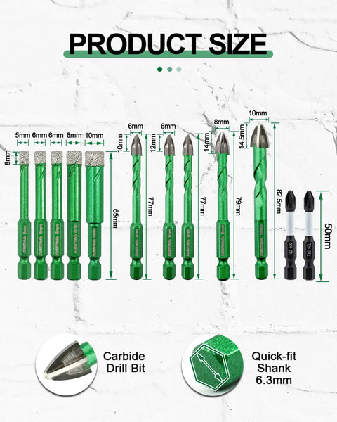 Detailed view of Top Tier Diamond Drill Bit Kit With Quick Fit Hex Shank And Ph2 Screwdriver Bits, showing carbide sizes from 5mm to 10mm.