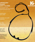 Nemesis Indoor Outdoor Safety Glasses With Black Frame, V30 Lenses For All Day Work, lens and neck cord on display