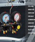 HVAC Gauges With Hoses Four Valve Manifold Set for R134A R410A R404A R22 Refrigerants, colorful gauges with detailed components view
