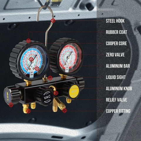 HVAC Gauges With Hoses Four Valve Manifold Set for R134A R410A R404A R22 Refrigerants, colorful gauges with detailed components view