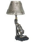 Weary Knight From Battle's End Sculptural Lamp For Home Or Garden with pierced metal shade, armor-clad warrior kneeling in victory