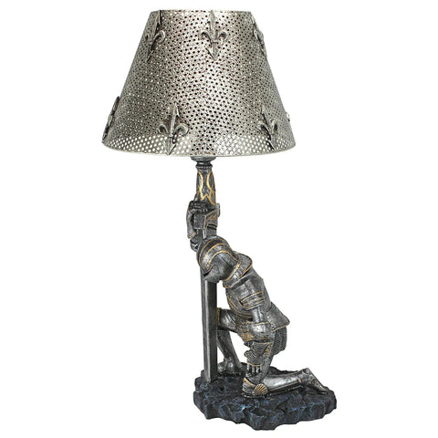 Weary Knight From Battle's End Sculptural Lamp For Home Or Garden with pierced metal shade, armor-clad warrior kneeling in victory