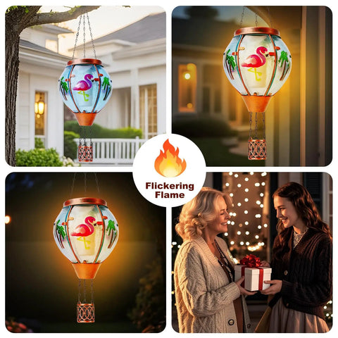 Solar Hot Air Balloon Lantern With Flamingo Pattern Waterproof Outdoor Hanging Lights at garden and gift scene