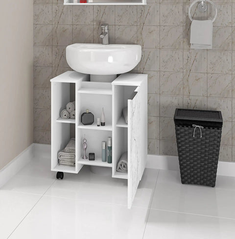 Easy Pedestal Sink Vanity Cabinet With Open Shelf Storage For Small Bathrooms, 21.73 Inch White Carrara Finish with toiletries