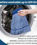Top Notch Heavy Duty Mop Kit Featuring Six Massive Cotton Replacement Heads And Two Rock Solid Handles, machine washable mop head being placed in washer.