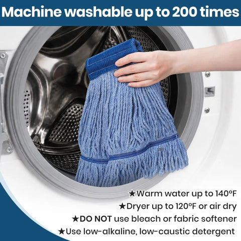 Top Notch Heavy Duty Mop Kit Featuring Six Massive Cotton Replacement Heads And Two Rock Solid Handles, machine washable mop head being placed in washer.