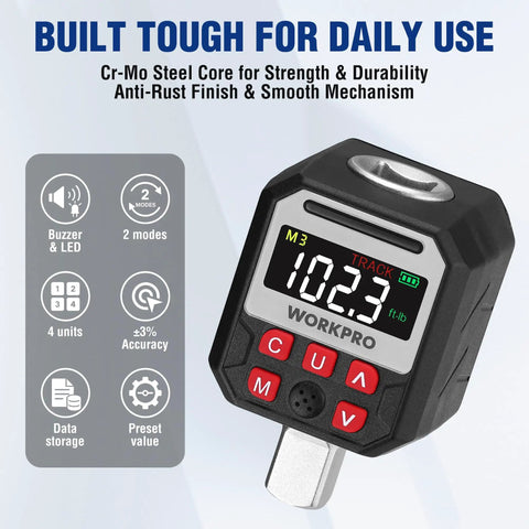 Digital Torque Adapter For Half Inch Drive With Buzzer Alert Turns Your Ratchet Into An Electronic Torque Wrench Range 7.38 To 147.5 Ft Lb 10 To 200 Nm Includes Quarter And Three Eighths Inch Adapters Gearhead Friendly, black digital display