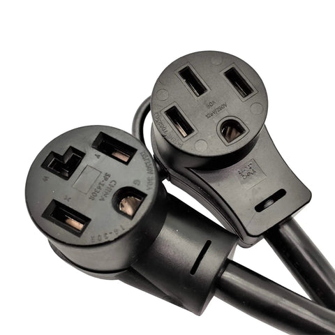 Heavy Duty Dryer Splitter Cord For EV And RV Use, 14-30P To 14-30R And 14-50R Y Adapter close-up of plug connectors.