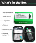 Box contents of VM-420 Handheld Industrial Vibration Meter, including probes, manual, PU case, and 9V battery